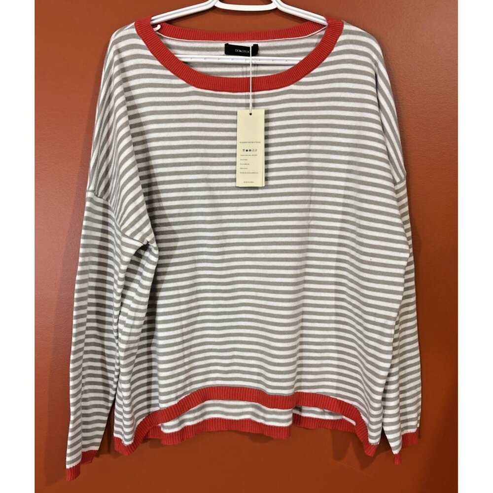 Dokotoo Sweater White Gray Stripe Orange Trim Preppy Classic Long Sleeve 2XL NWT
